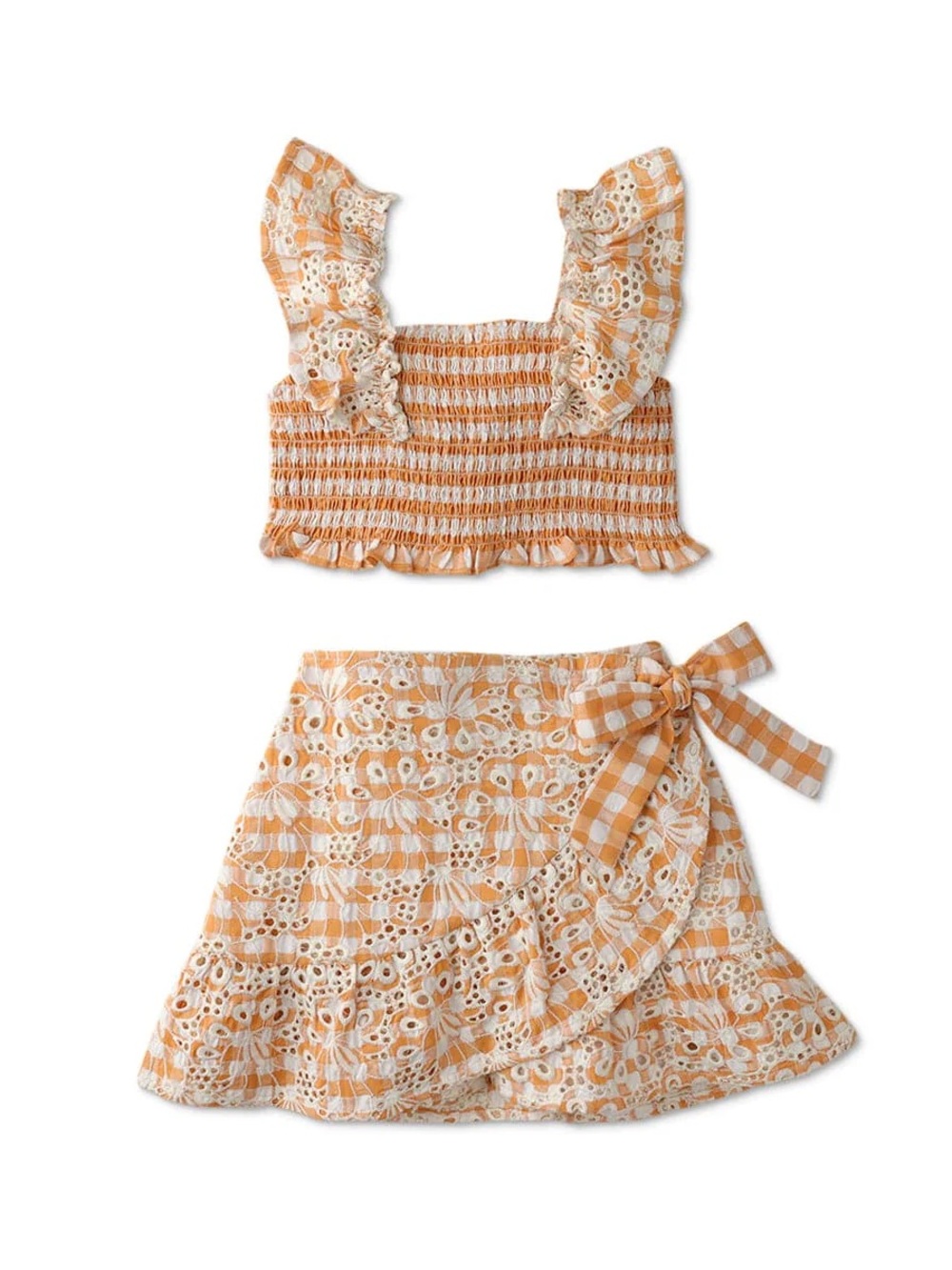 Gingersnap Gingham Eyelet Two-Piece Set in Orange and White